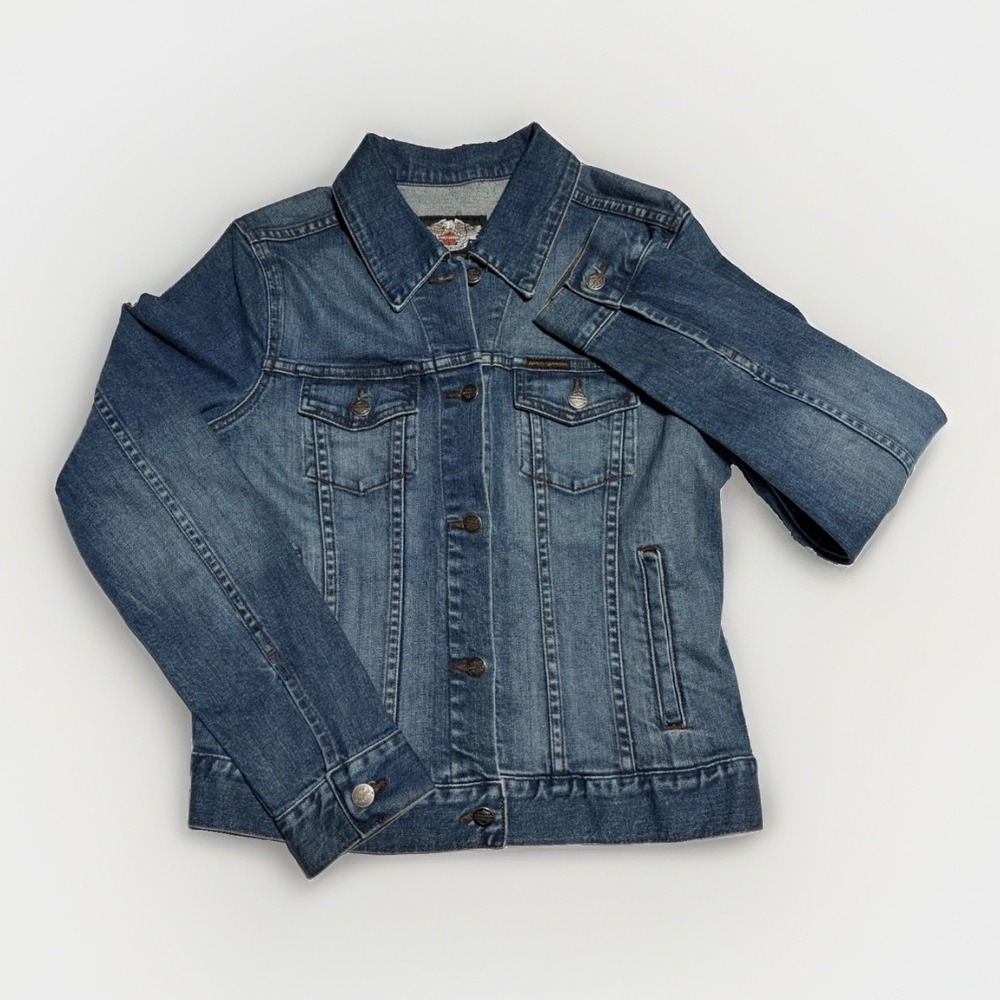 VTG Harley-Davidson Denim Trucker Jacket Womens L 2006 V-Twin Power Embroidered